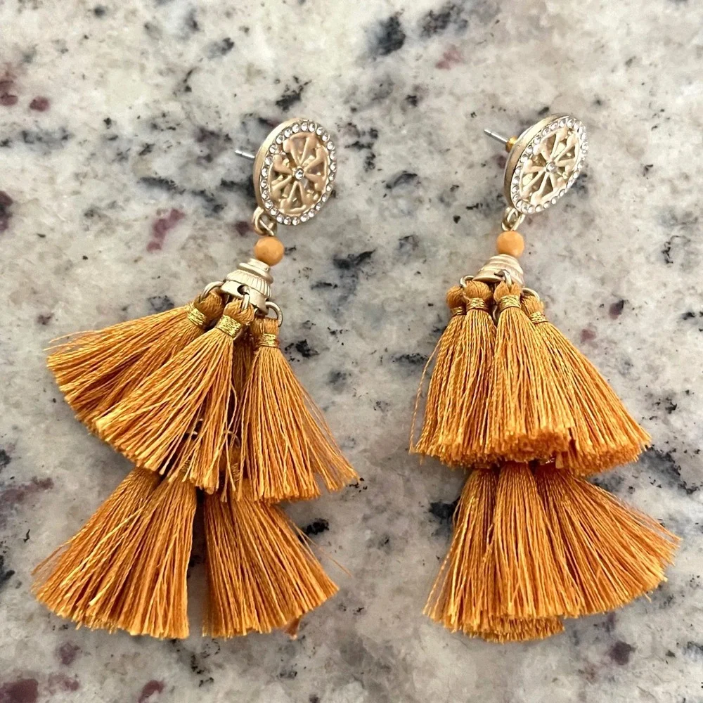 Unbranded‎ Tassel Drop Earrings Womens Mustard Yellow Boho Statement Fringe Stud
